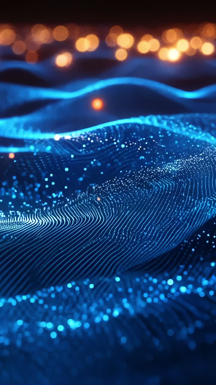 A blue wave with orange and yellow lights in the background. The blue wave is surrounded by a sea of stars