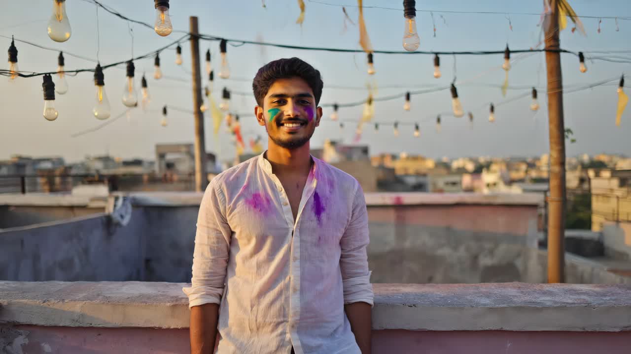 Young man celebrating holi festival, smiling while covered in vibrant powder, standing on rooftop with illuminated string lights, festive flags at sunset