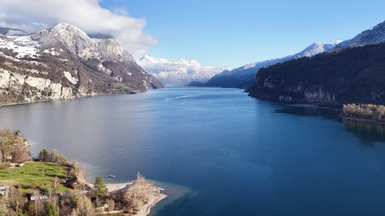 Aerial view of Walensee lake with mountains and clear water in Switzerland