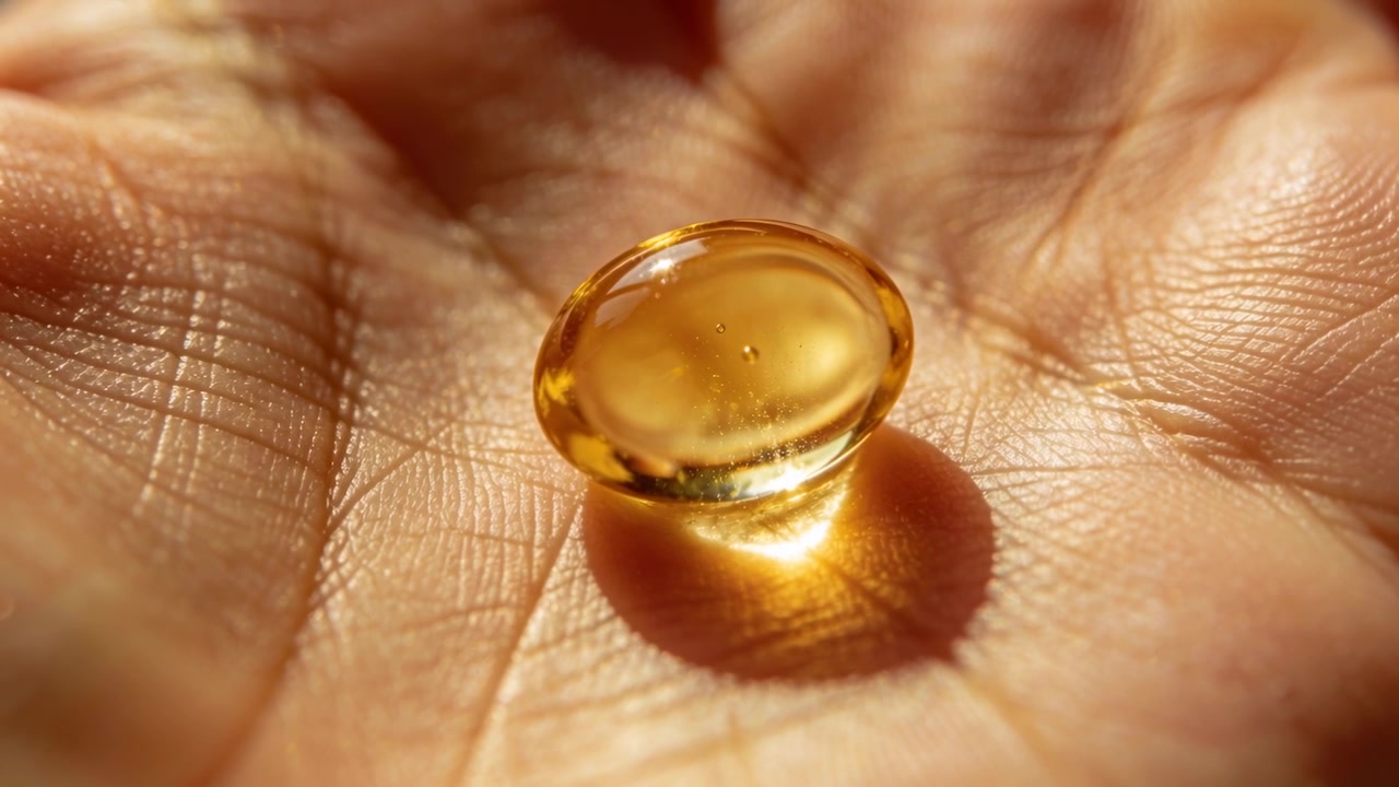 Luce calda che proietta un bagliore e un'ombra netta mentre un palmo tiene una capsula softgel dorata che mostra bolle