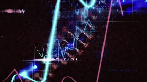 animación de la estructura del adn girando y procesamiento de datos financieros contra fondo negro