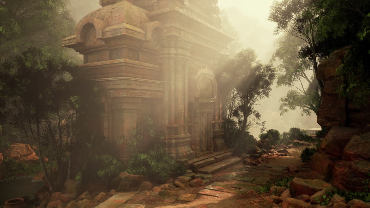 antiguas ruinas de templos en una selva de niebla