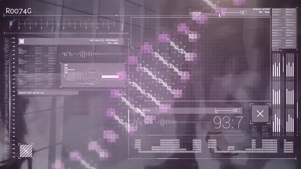animación de cadena de adn y procesamiento de datos sobre hombres de negocios caminando en la oficina