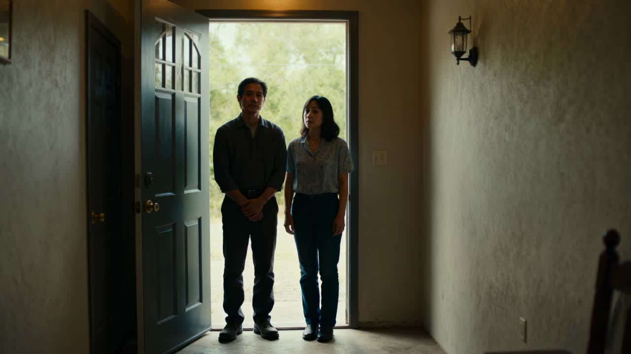 Door opening leading man and woman standing on doorway threshold after arriving, glancing
