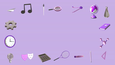 animación de iconos educativos con espacio de copia sobre fondo púrpura