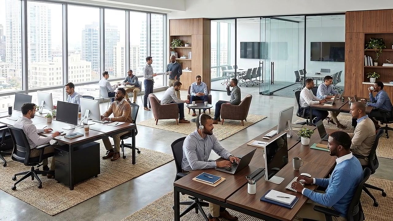 Busy open plan office with employees working at multiple desks at work
