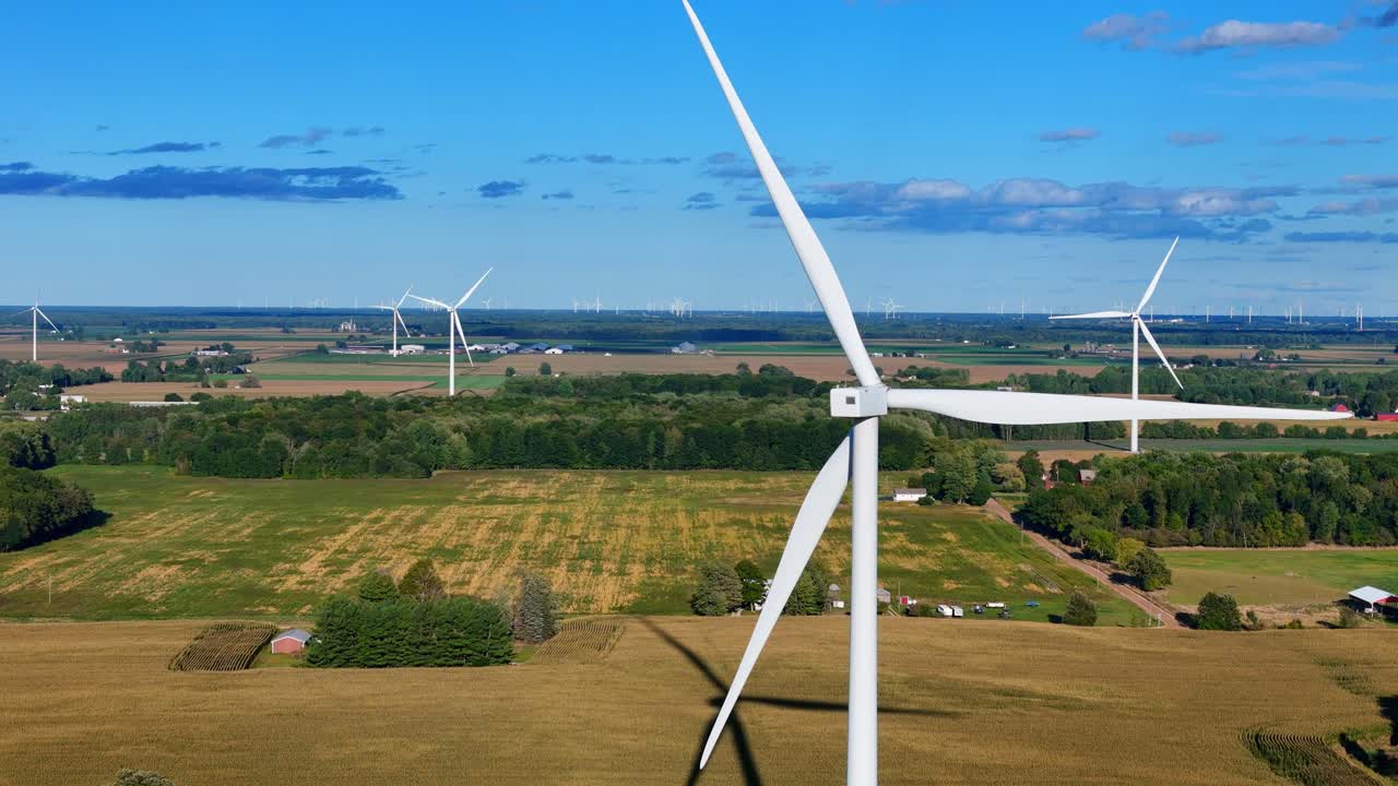 Wind turbines in mid Michigan wind farm, near Ithaca, Michigan, USA in aerial view