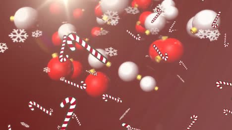 digital animation of multiple christmas baubles and candy canes falling against bright spot of light