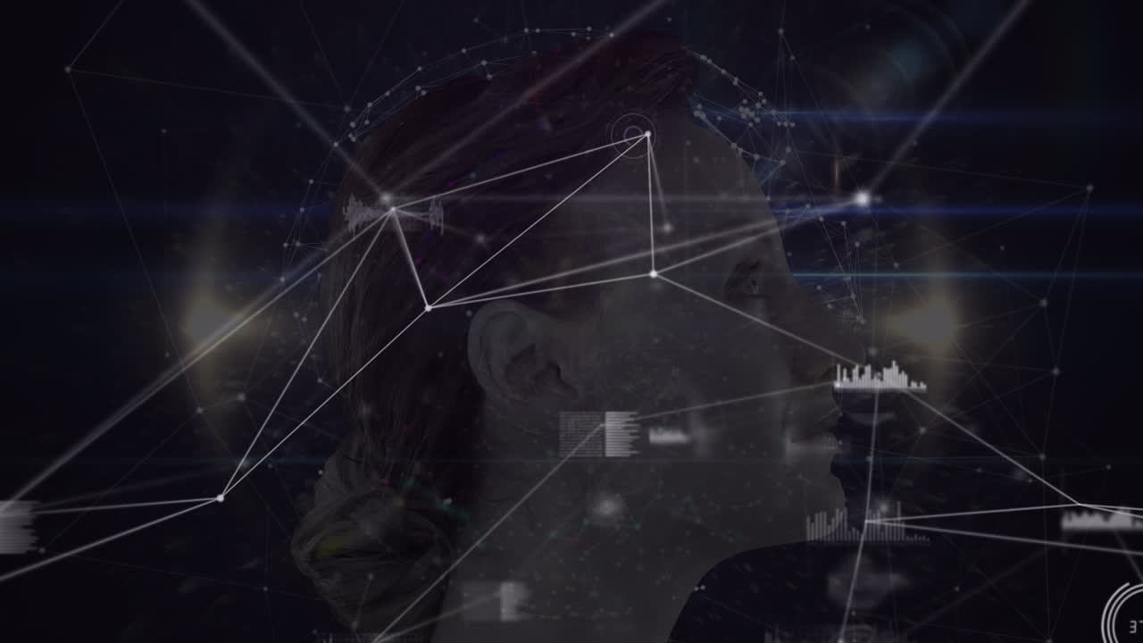 animación de la red de conexiones y globo de cabeza de mujer sobre fondo oscuro
