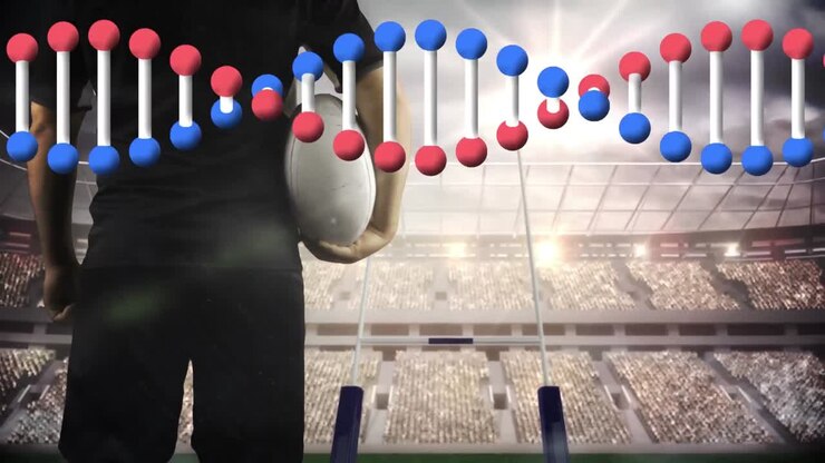 Animazione di filamento di DNA su giocatore di rugby nello stadio