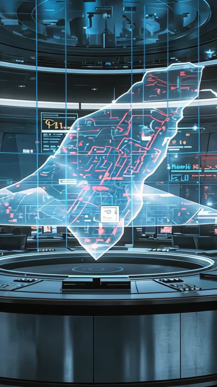 Vertical video: Command console powering creating holographic map in control hub, pulsing red nodes