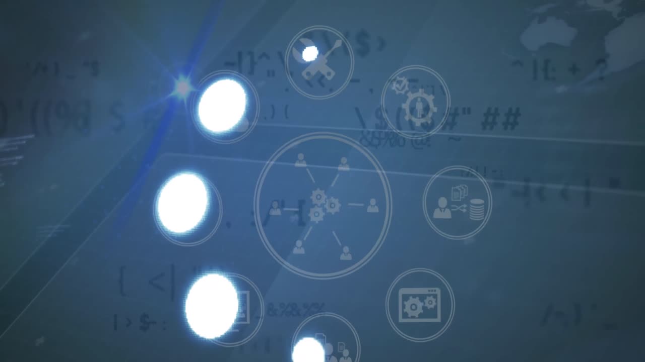 파란색 배경에서 아이콘 네트워크와 데이터 처리의 애니메이션