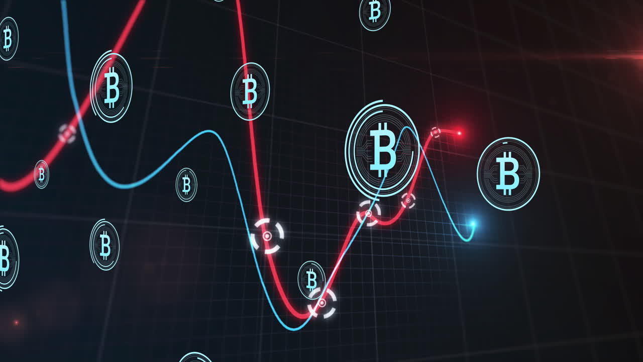 animación de símbolos de bitcoin, estadísticas y procesamiento de datos financieros a través de la red