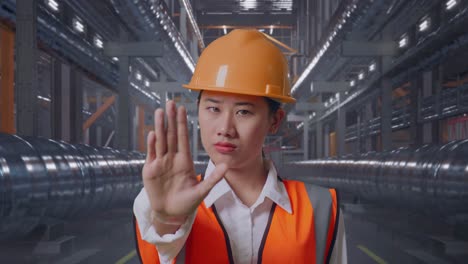 close up of asian female engineer with safety helmet disapproving with no hand sign while standing with metal pipes
