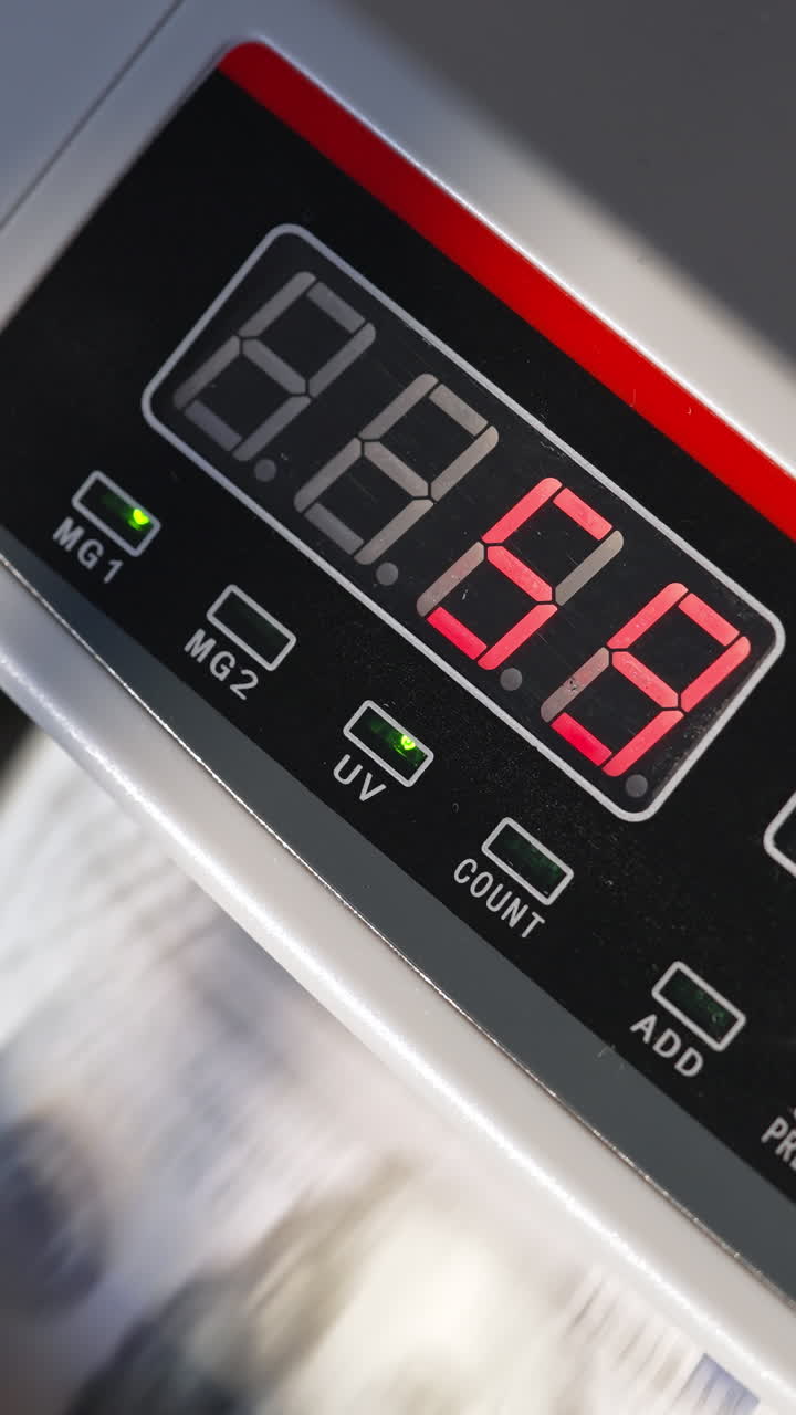 Numbers changing quickly on the panel of cash counting machine. Device at work, lamps are on. Close up. Vertical video