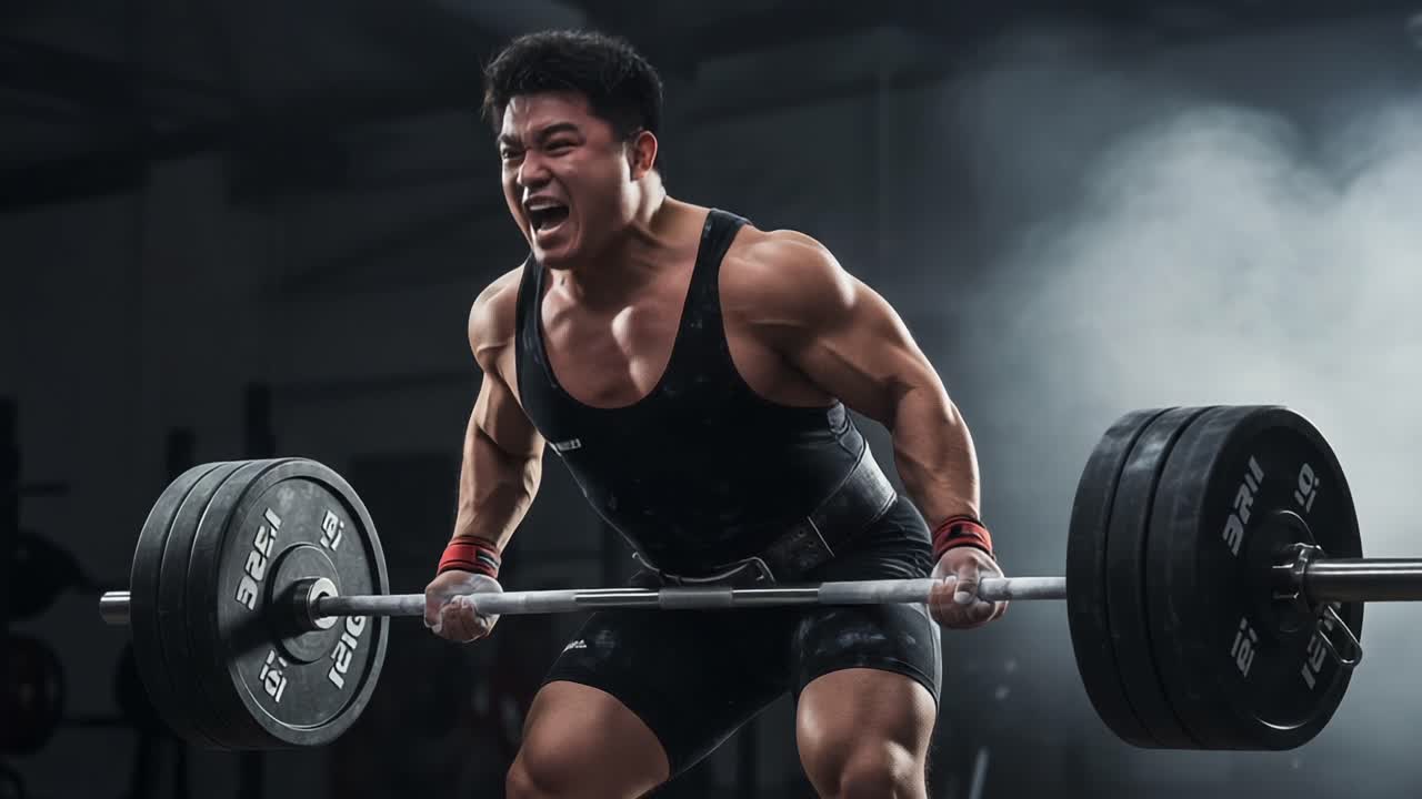 Intense Weightlifting Performance: A Dedicated Athlete Struggles to Lift Heavy Weights in a Dark Gym Environment, Showcasing Raw Strength and Determination