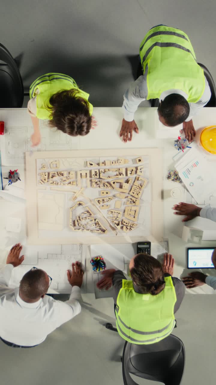 Vertical Video Top down view of doctors team in a collaborative meeting discussing therapy