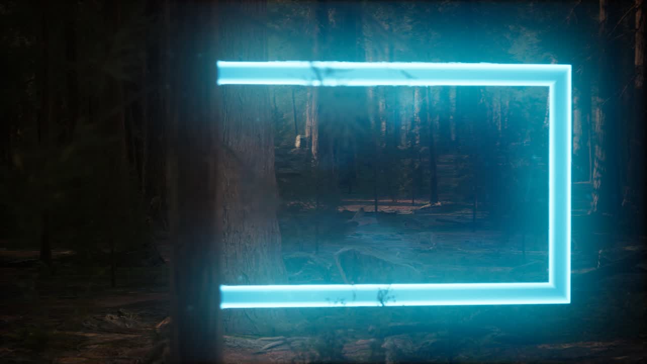 marco rectangular brillante de neón en el bosque nocturno