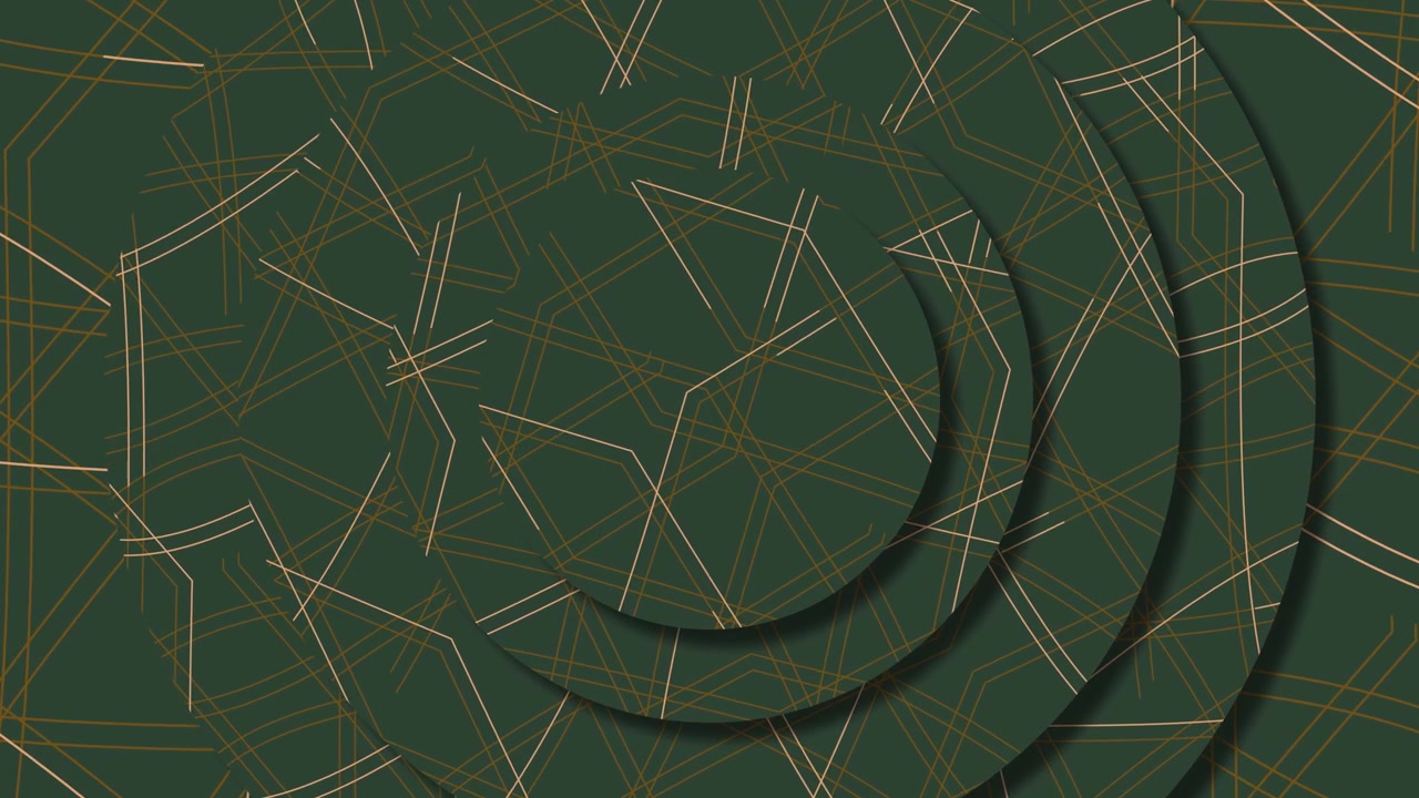 Patrón geométrico abstracto dinámico con líneas doradas y círculos verdes