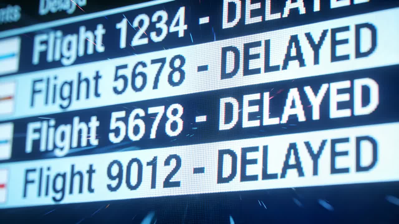 空港の電子フライト情報表示板にカメラが移動し、フライト5678便の「遅延」表示に焦点を合わせる。