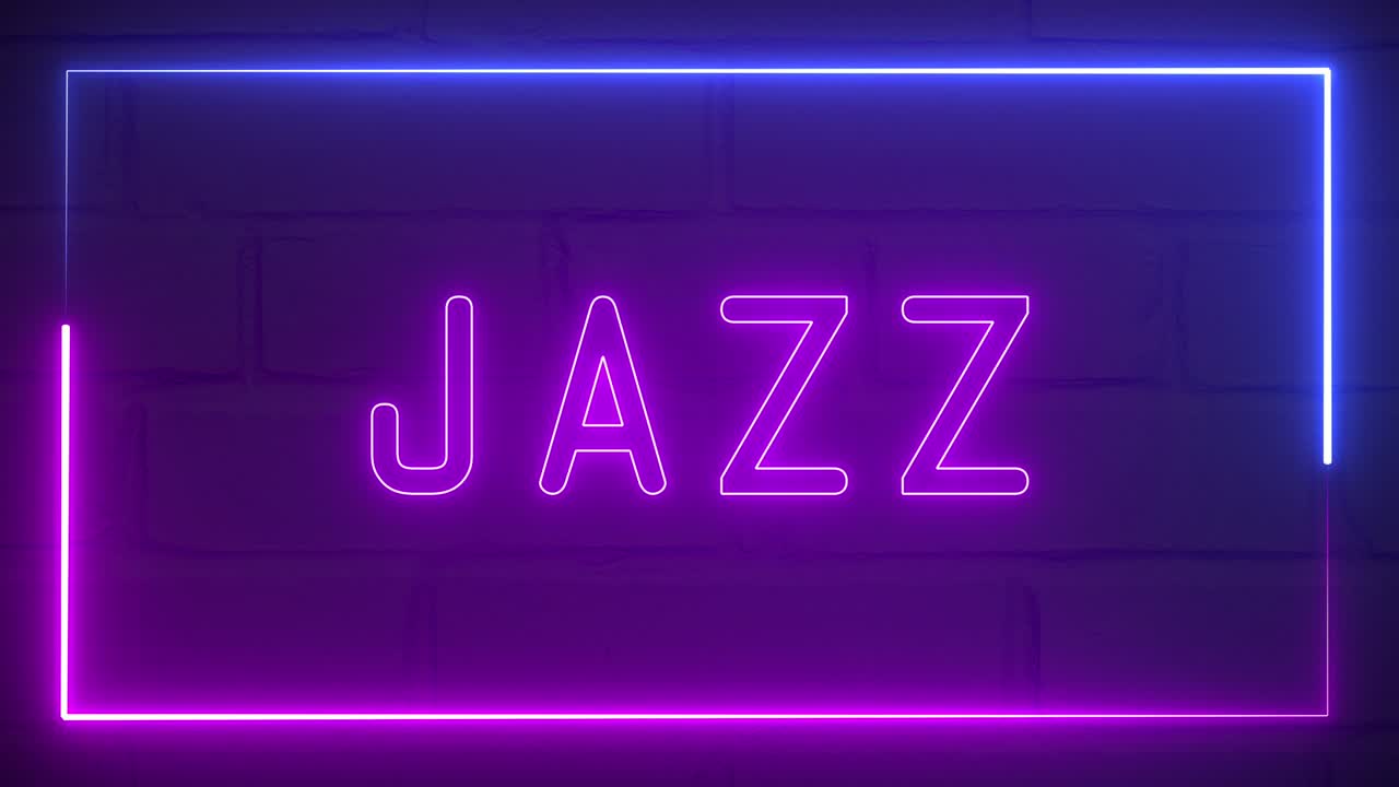 Animated glowing neon sign Jazz on blue background