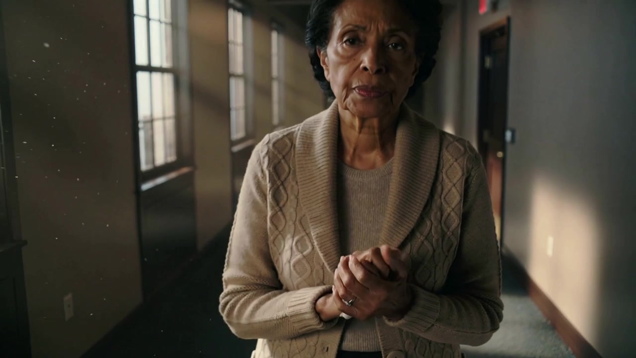 Clasping hands, senior woman in corridor, camera pulling back, showing beige sweater and bracelet
