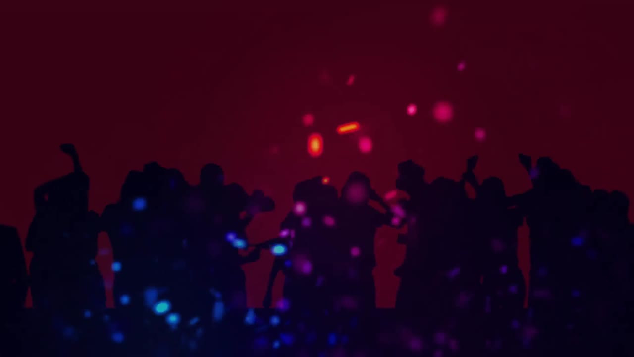Animation of colourful spots of light over dancing crowd, with red background