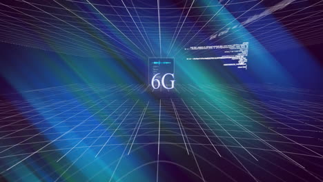 animación de texto blanco 6g, sobre procesamiento de datos y globo, con cuadrícula móvil, en azul oscuro