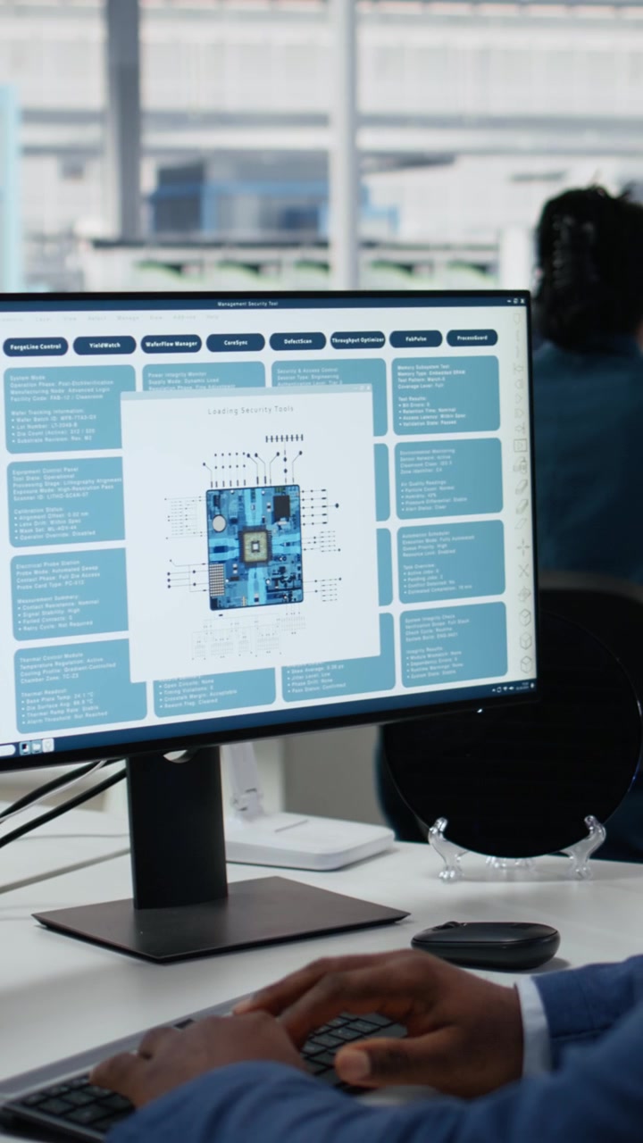 Vertical video Optimizing microchip production, PC software and technician in factory