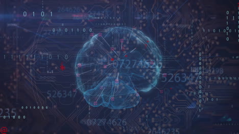 animation of data processing with digital brain over computer circuit board on black background