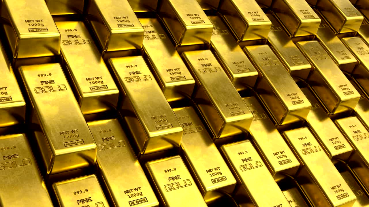 4k Gold bullion. Gold bars treasury wealth Ingot luxury finance goods trading. 3D animation of stacked gold bars. Looped 3d Animation