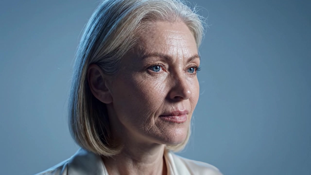 A serene portrait of an older woman, conveying wisdom and experience, showcasing her captivating features and thoughtful expression against a soft blue backdrop.