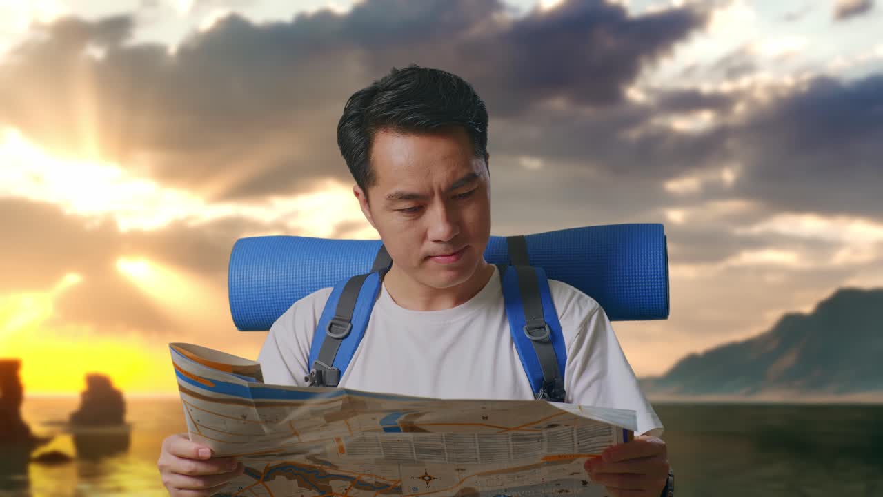Close Up Of Asian Male Hiker With Mountaineering Backpack Looking At The Map Then Looking Around on Beach