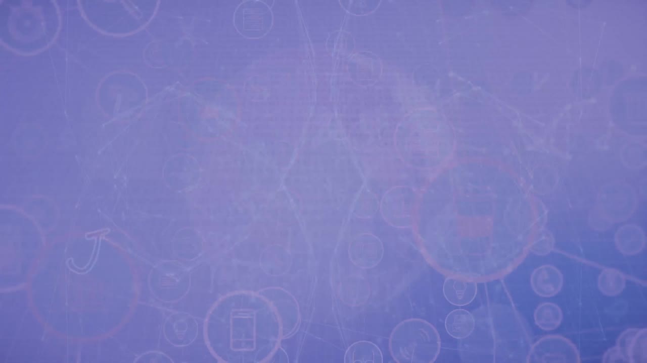 animación del procesamiento de datos e iconos con globo y red de conexiones