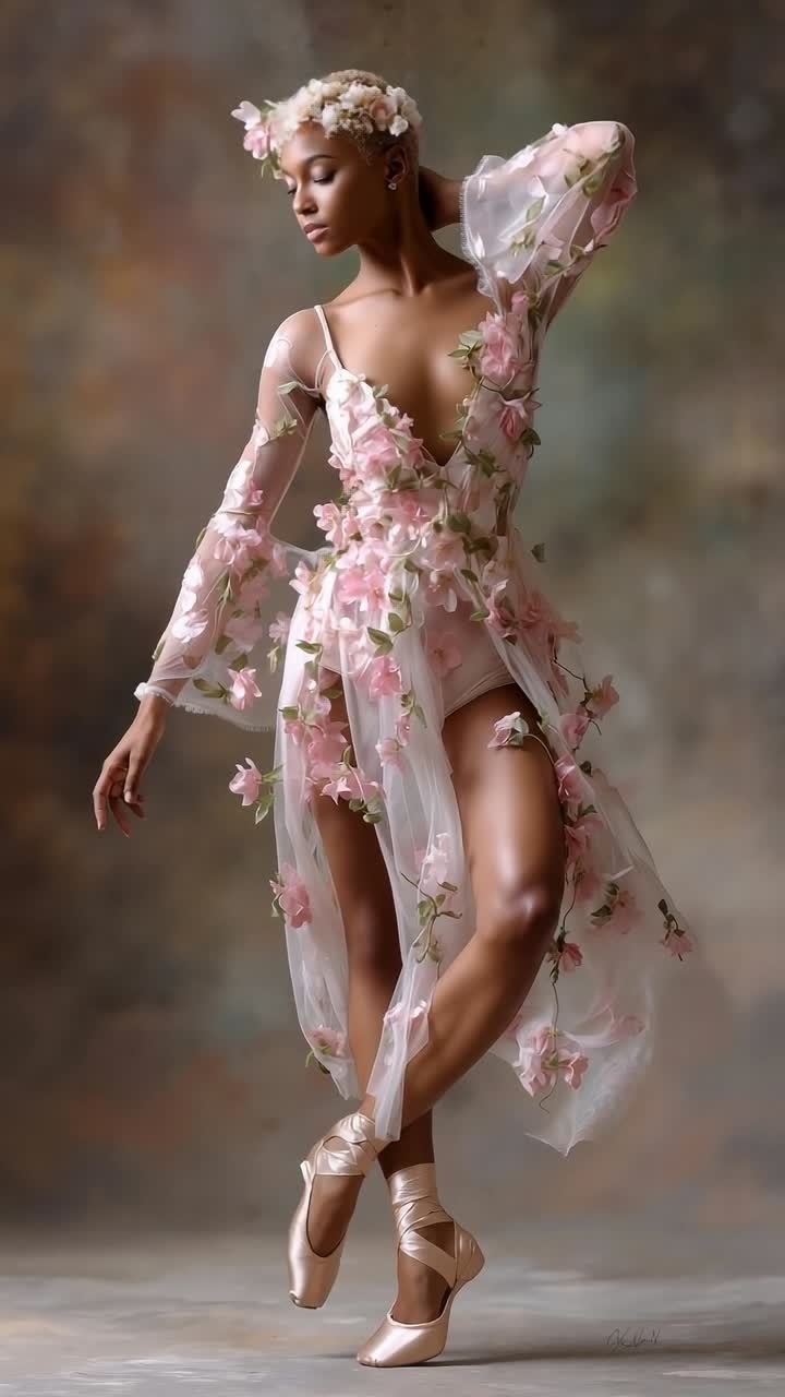 una mujer en un vestido blanco con flores rosas en él