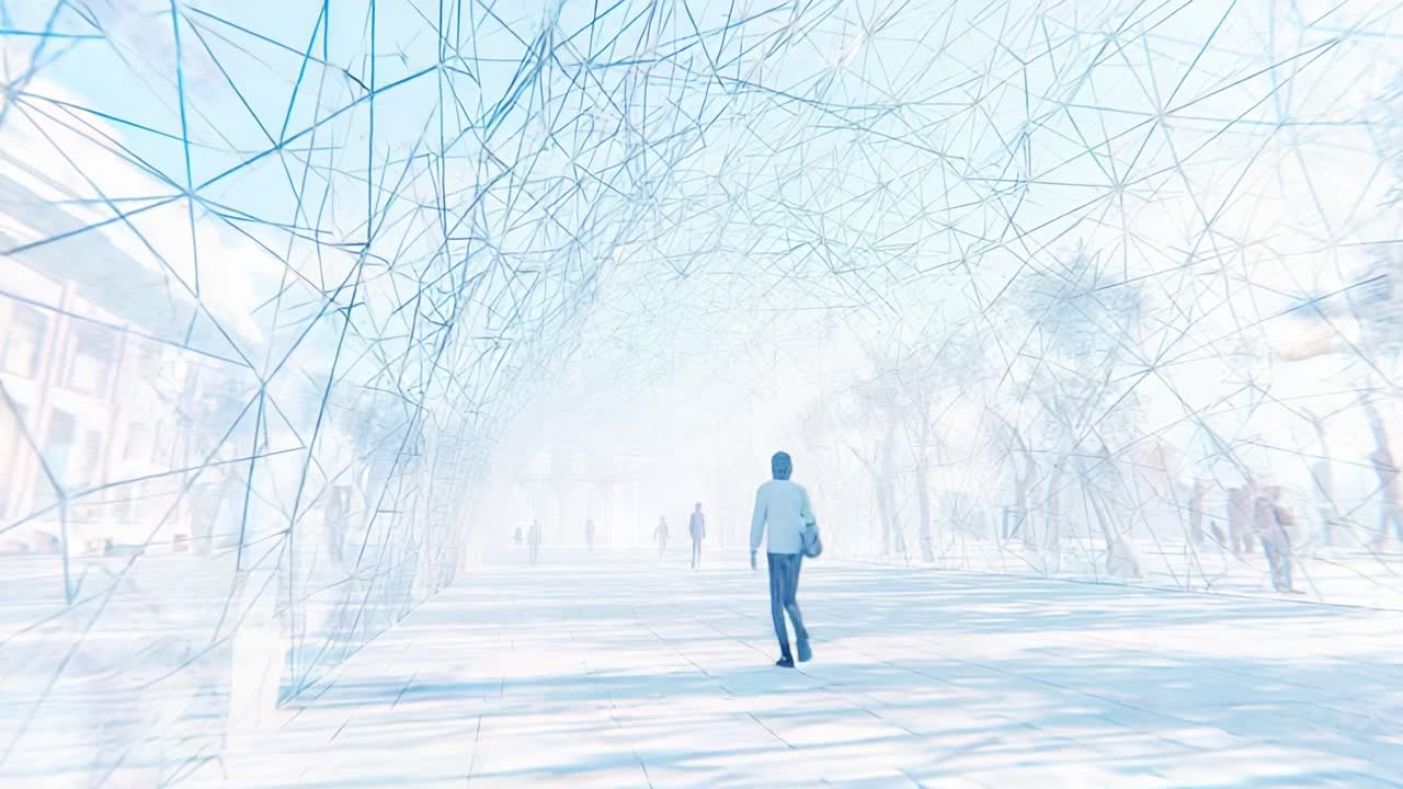 Exploring a Modern Architectural Structure: A Solitary Figure Navigates Through a Unique Interwoven Framework of Transparent Lines and Light in an Open Urban Space, Evoking a Sense of Wonder and Contemplation