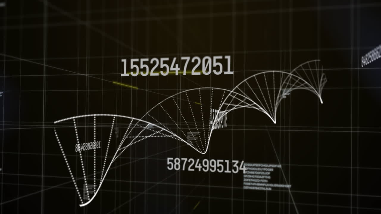 Digital animation merges changing numbers with DNA imagery for medical research tech.