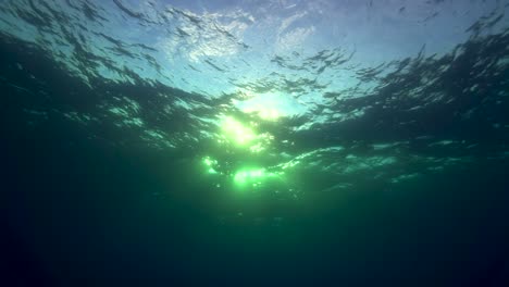 rolling waves and water surface shot in slow motion from underwater agains the light in a tropical ocean environment