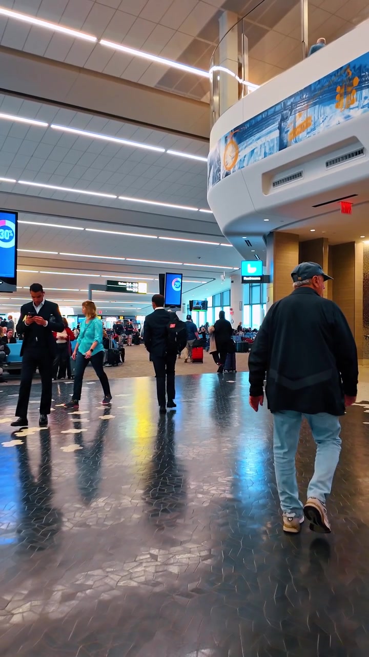 Chicago, AS, 9 Mei 2026: Penumpang berjalan melalui ruang keberangkatan bandara Chicago. Tampilan vertikal menunjukkan tempat duduk biru, layar digital, tanda gerbang, dan mezanin melengkung.