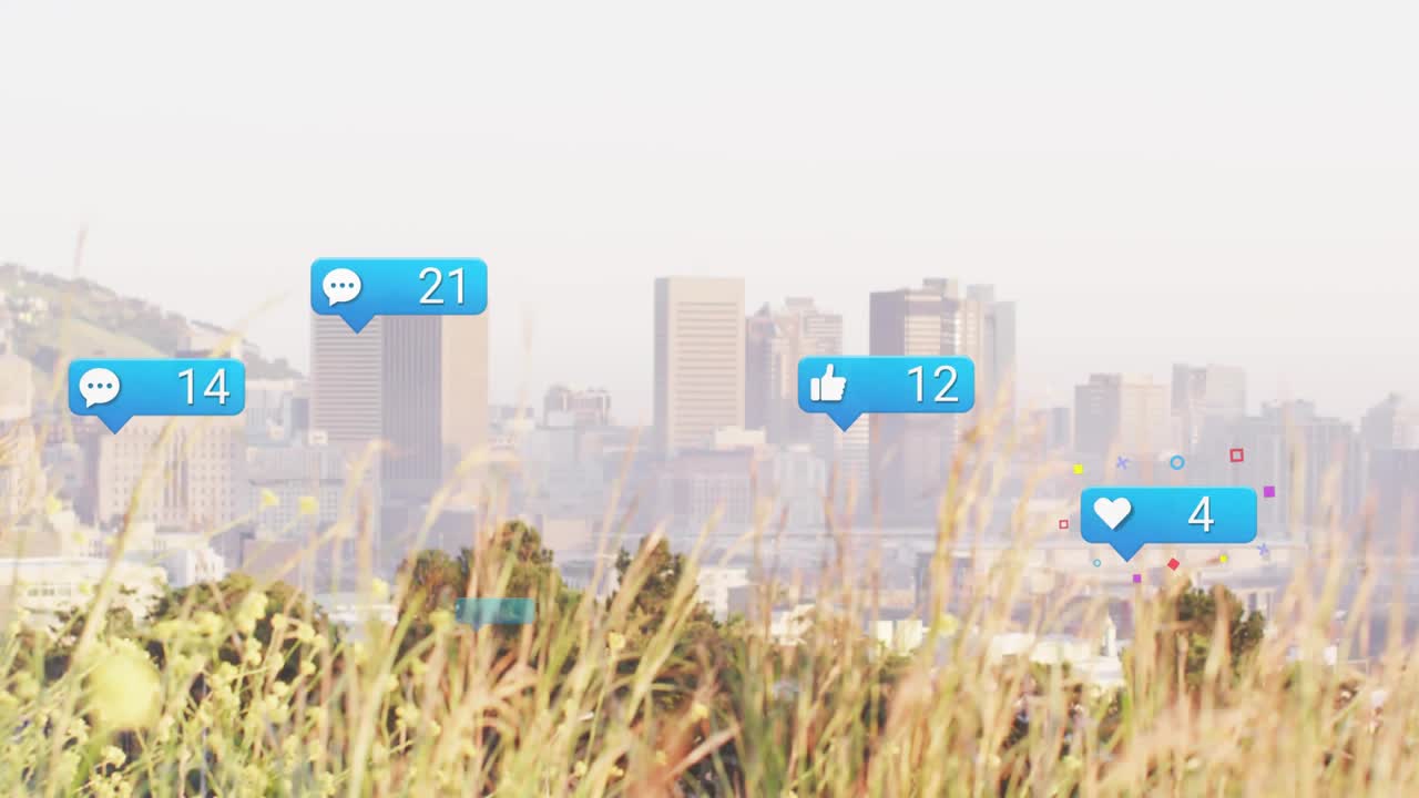 Blue bubble appearing, more badges popping, counts rising, drifting over dry grasses showing growth