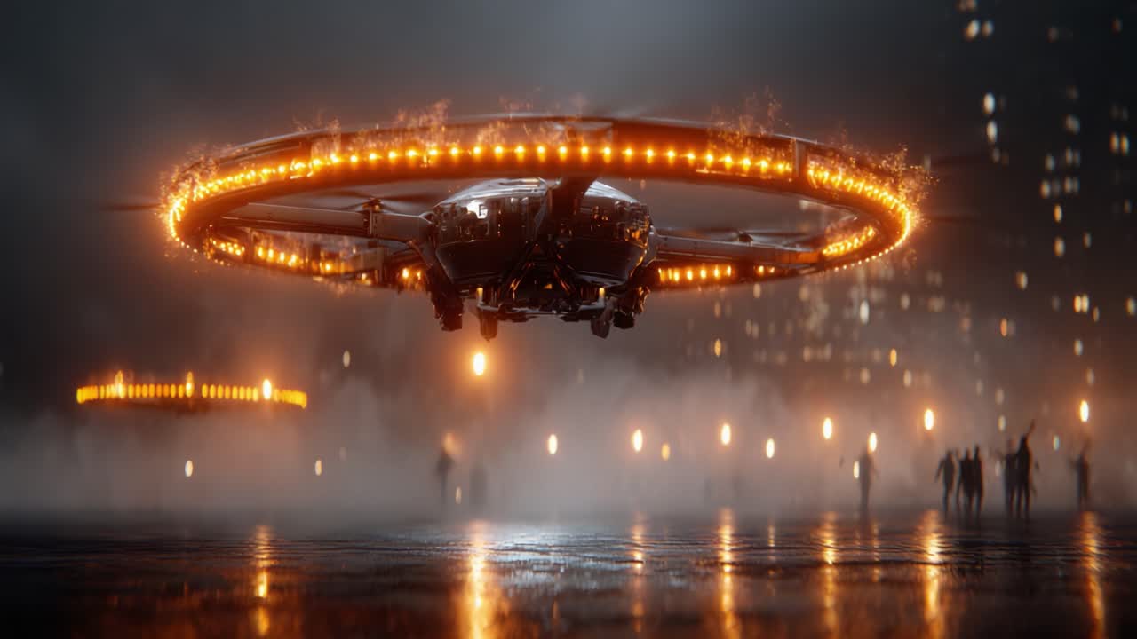 A Futuristic Flying Vehicle Emerges from Misty Night: A Striking Hovercraft with Illuminated Rings Captures the Attention of Onlookers in a Dystopian Cityscape