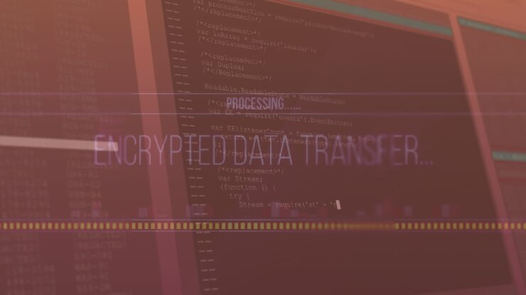 Animation of multiple texts over computer language against abstract interface in background