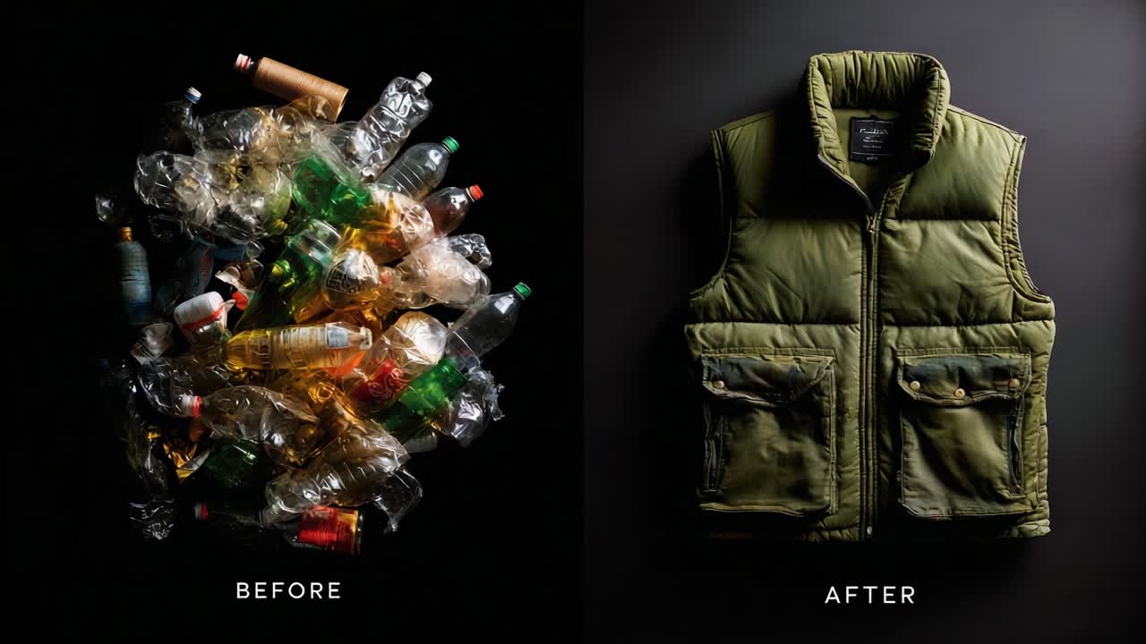 Transforming Waste into Value: A Stunning Visual Contrast Between Discarded Plastic Bottles and a Stylish Recycled Vest, Showcasing Innovative Sustainable Fashion Solutions