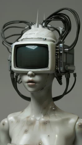 porcelain female statue dolls with audio speakers and headphones made with ai