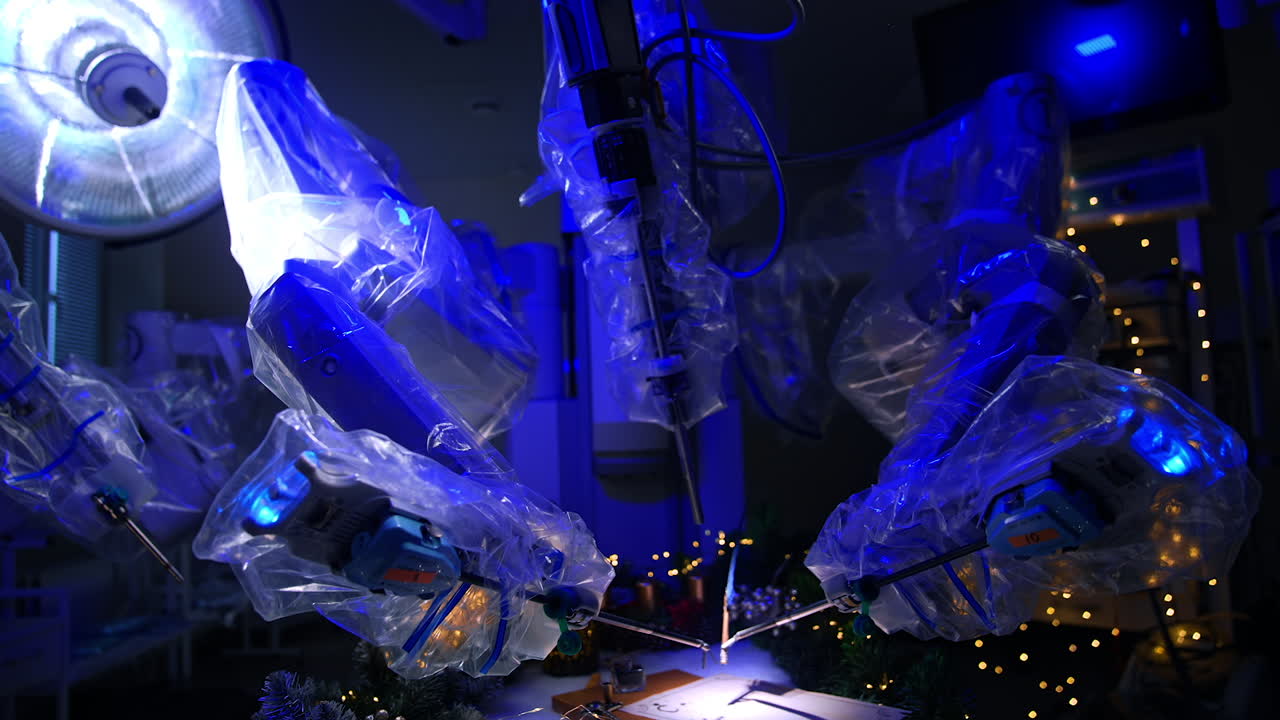 Da Vinci robot holding and using writing appliances. Robotic arms covered in plastic rotate the old-fashioned writing pen. Dark room backdrop.