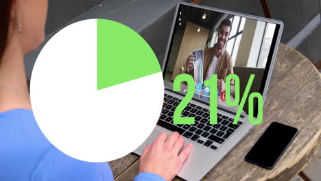 Animation-of-pie-graph-filling-up-icon-with-increasing-percentage-over-woman-having-video-call