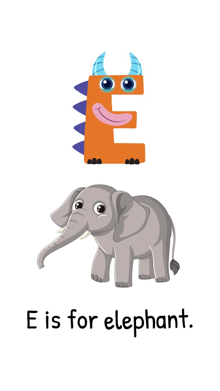 En levende animation med et legende bogstav E, der forvandles til en tegneserieelefant, med fokus på læring og sjov.