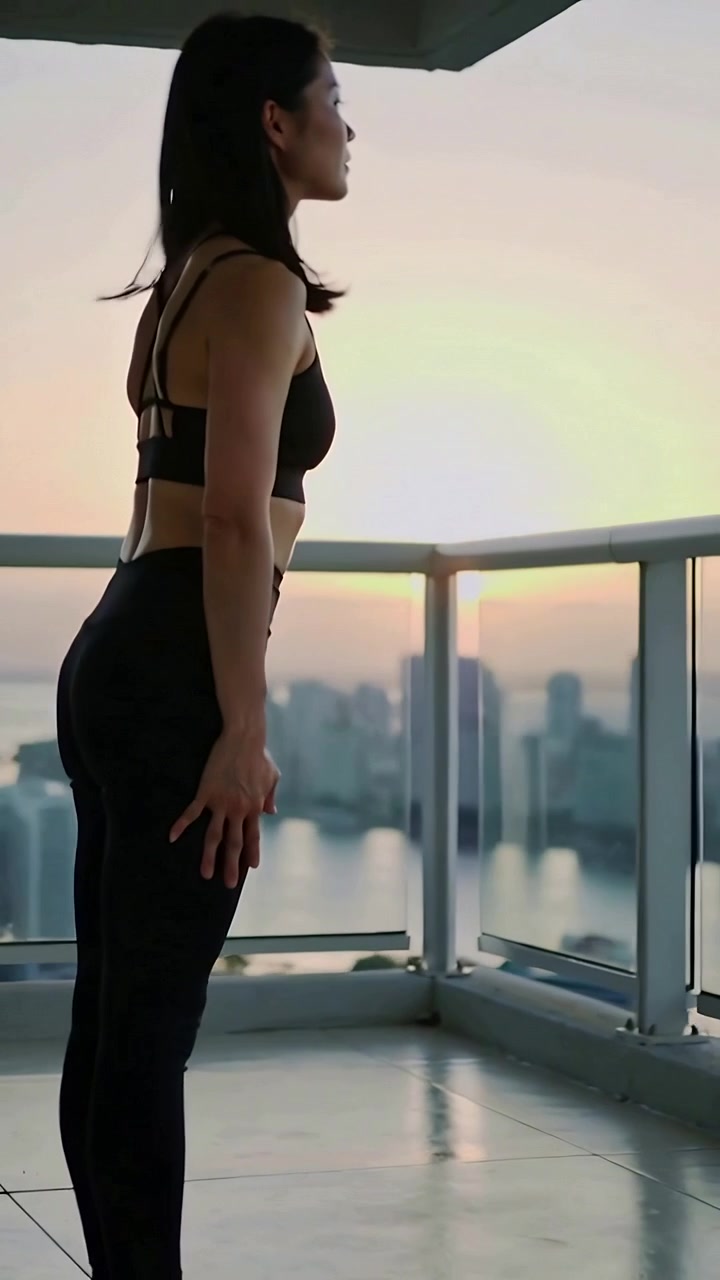 Vertical video: Sun urging woman folding, rolling on highrise balcony by glass railing