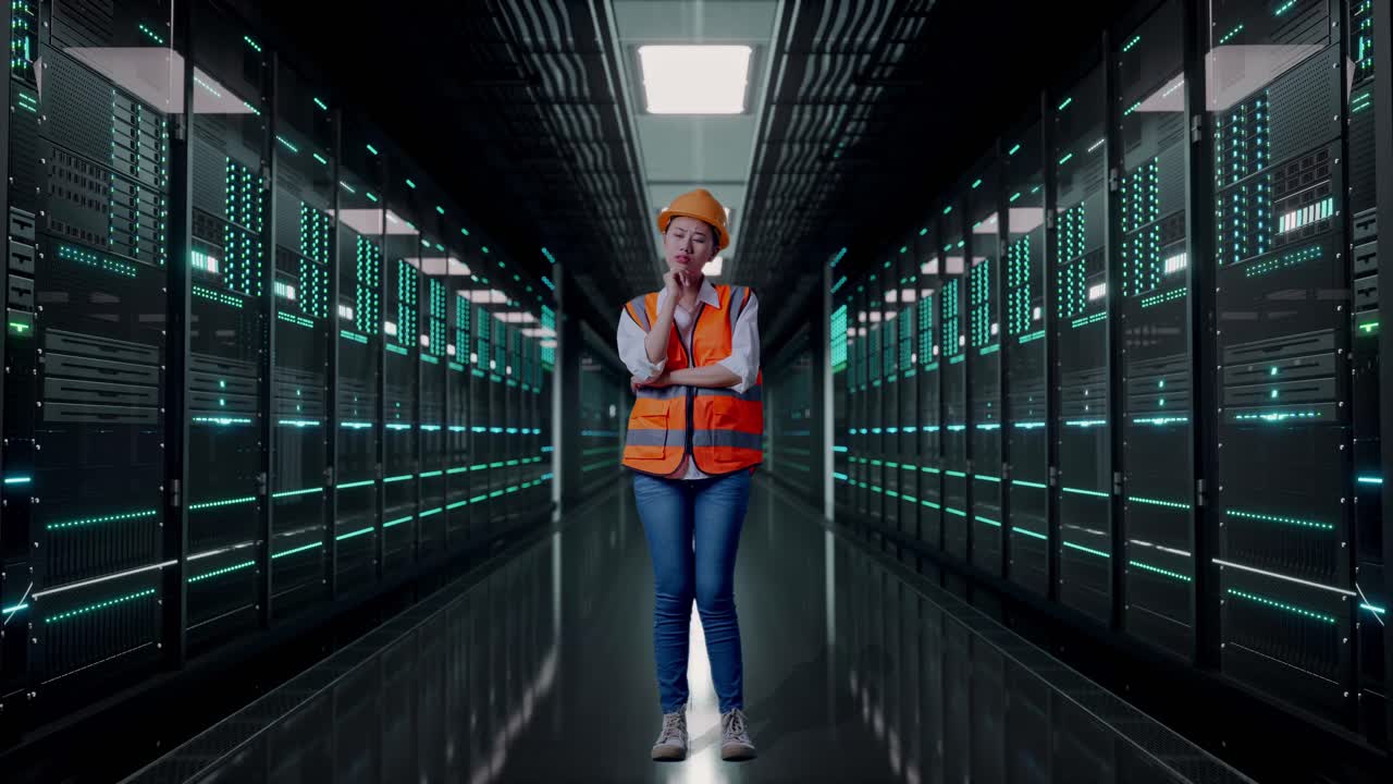 Full Body Of Asian Female Engineer With Safety Helmet Thinking About Something And Looking Around While Standing in Server Room Data Center
