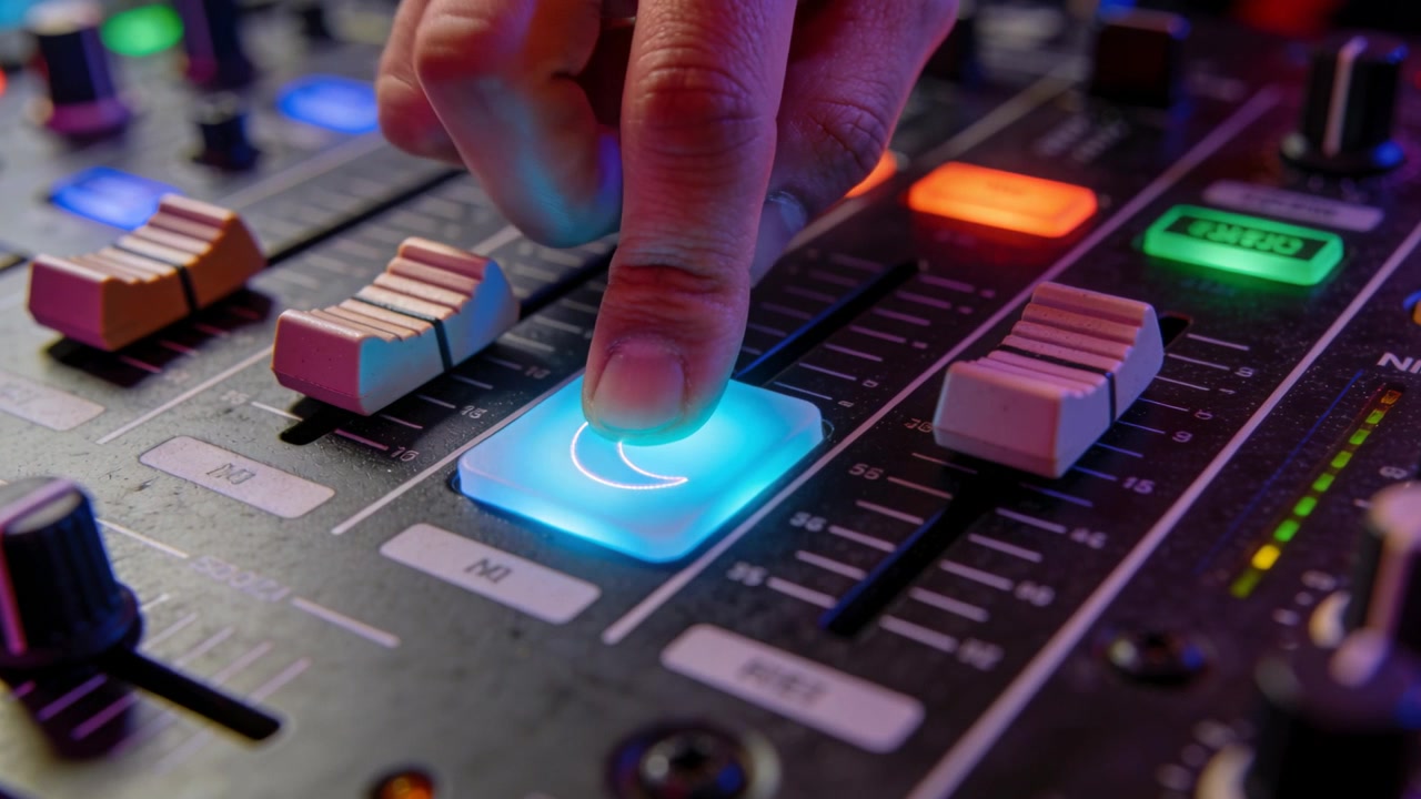 Mano destra sospesa che preme un pad a forma di mezzaluna, spingendo un fader bianco per regolare l'audio alla console del DJ
